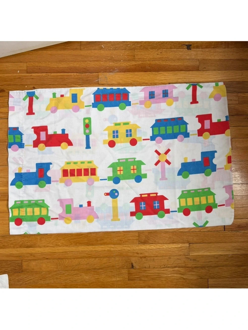 Vintage Train Locomotive Pillowcase Primary Colors 1980’s Transportation Novelty